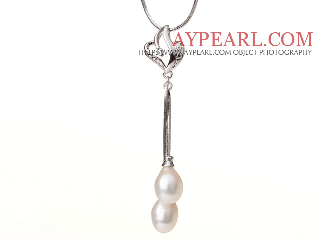 Elegant Style Natural 10-11mm Teardrop Shape White Freshwater Pearl Chain Necklace with Pearl Pendant