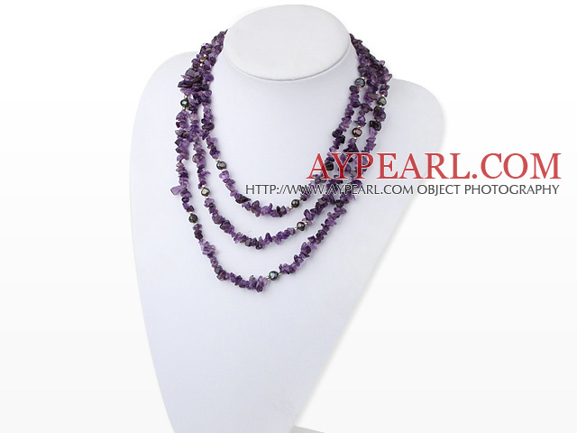 Fashion 3-Strand Freshwater Pearl Chipped Amethyst Metal Bead Necklace