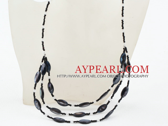 Tre lager Black Crystal och svart Shell Halsband