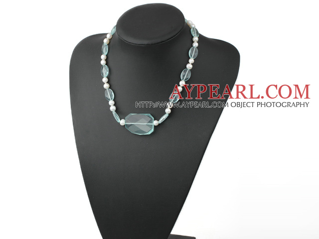 Beautiful White Freshwater Pearl And Aquamarine Blue Quartz Necklace With Toggle Clasp