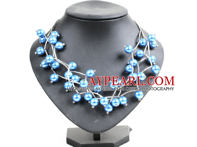 Trendy Style Multi Strand Blue Seashell Beads Twisted Necklace With Bending Alloyed Tube