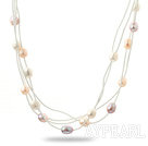 Three Strands 11-12mm White Purple Pink Freshwater Pearl and White Leather Necklace