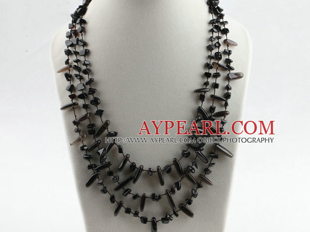 three strand smoky quartze and obsidian necklace