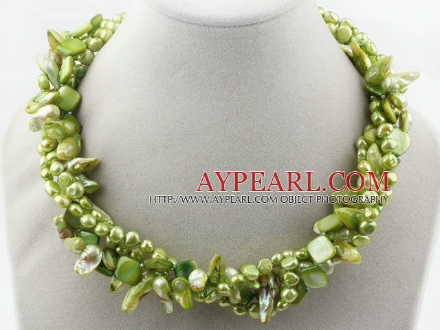 Assorted Multi Strands Dyed Lemon Green Teeth Shape Pearl and Green Shell Twisted Necklace