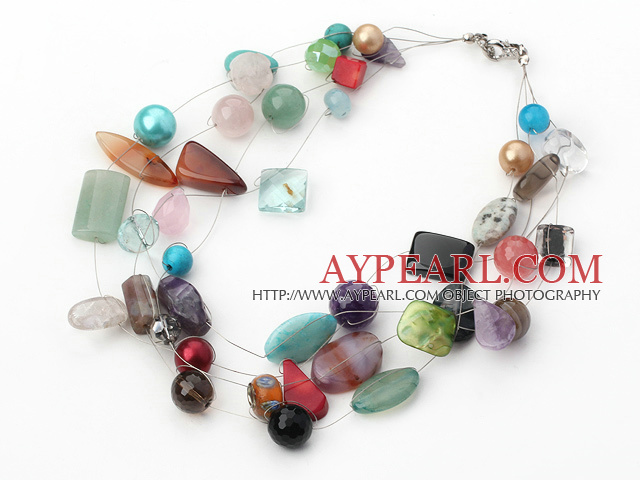 multi strand pearl crystal and multi color gem necklace