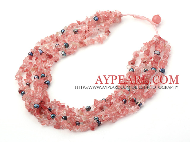 multi strand pearl and cherry quartze necklace