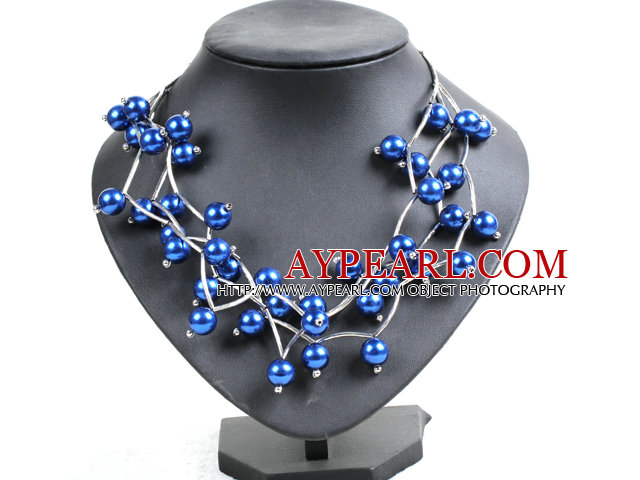 Trendy Style Multi Strand Royalblue Seashell Beads Twisted Necklace With Bending Alloyed Tube