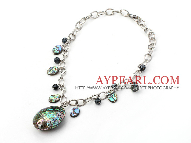 Fashion Loop Chain Style Unakite And Abalone Shell Pendant Necklace