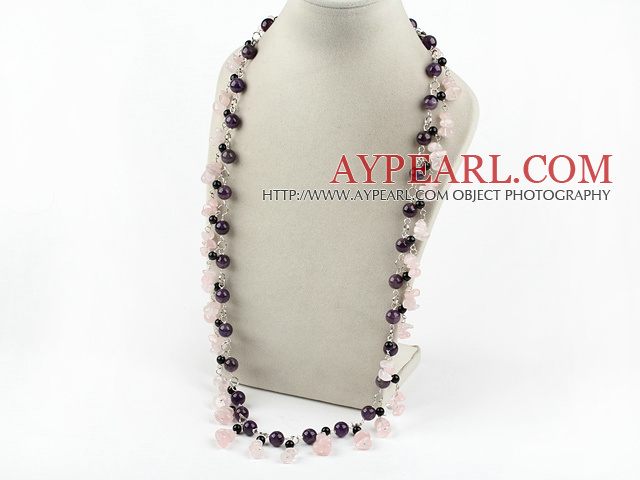 Fashion Long Style Round Amethyst And Rose Quartz Chips Loop Chain Strand Necklace, Sweater Necklace