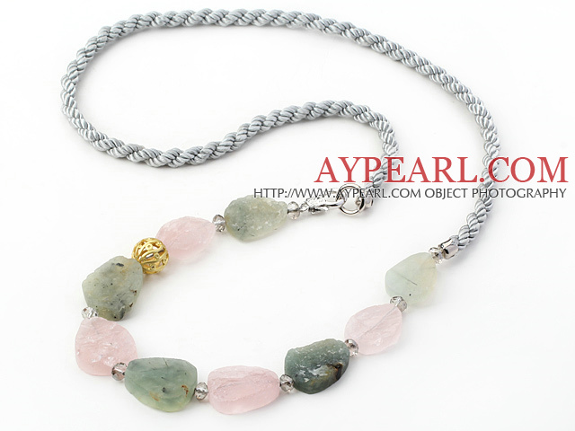 Assorted Scrub Rose Quartz and Green Rutilated Quartz Necklace with Gray Cord