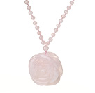 Wholesale Beautiful Summer Long Style Round Rose Quartz Beaded Necklace with Flower Shape Rose Quarz Pendant