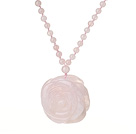 Beautiful Summer Long Style Round Rose Quartz Beaded Necklace with Flower Shape Rose Quarz Pendant