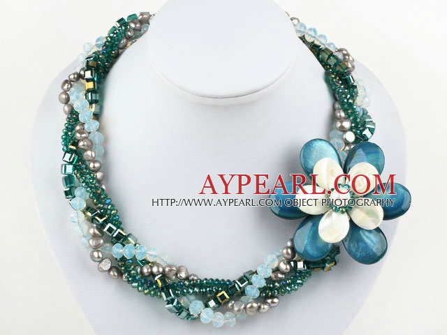 Multi Strands Peacock Color Pearl Crystal and Shell Flower Party Necklace