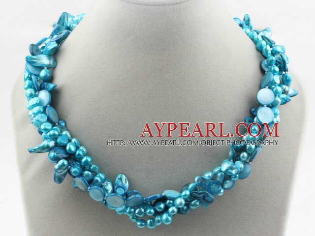 Assorted Multi Strands Dyed Blue Teeth Shape Pearl and Blue Shell Twisted Necklace