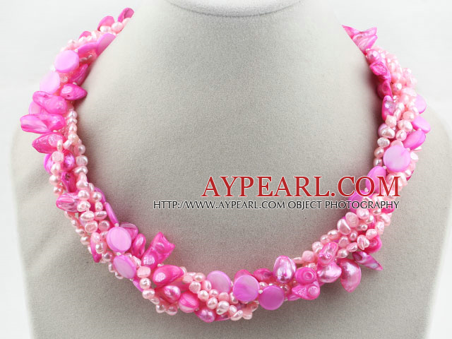 Assorted Multi Strands Dyed Pink Teeth Shape Pearl and Pink Shell Twisted Necklace
