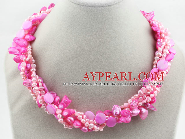 Valikoima Multi Strands värjätty Pink Hampaat Shape Pearl sekä vaaleanpunainen Shell Twisted kaulakoru