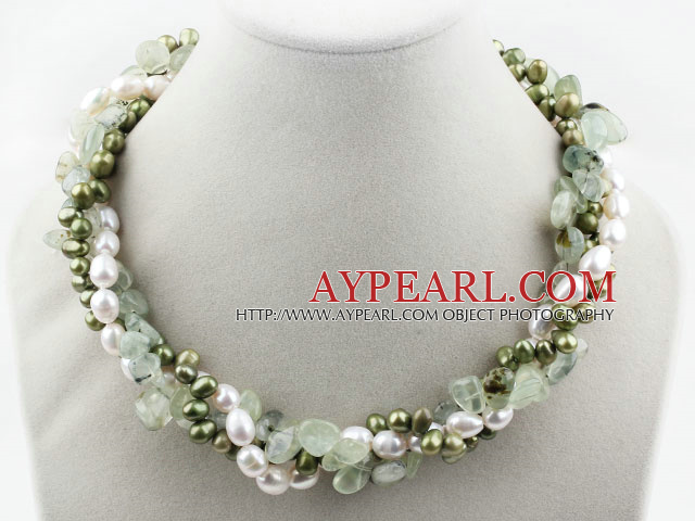 Assorted Multi Strands White and Green Freshwater Pearl and Green Rutilated Quartz Twisted Necklace