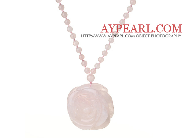 Beautiful Summer Long Style Round Rose Quartz Beaded Necklace with Flower Shape Rose Quarz Pendant