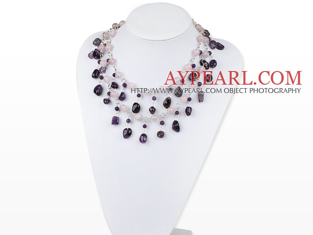 Trendy Loop Style Round Rose Quartz Strand Necklace With Amethyst Pendant