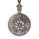 Vintage Long Simple Style Flower Shape Tibet Silver Pendant Necklace with Soft Brown Leather