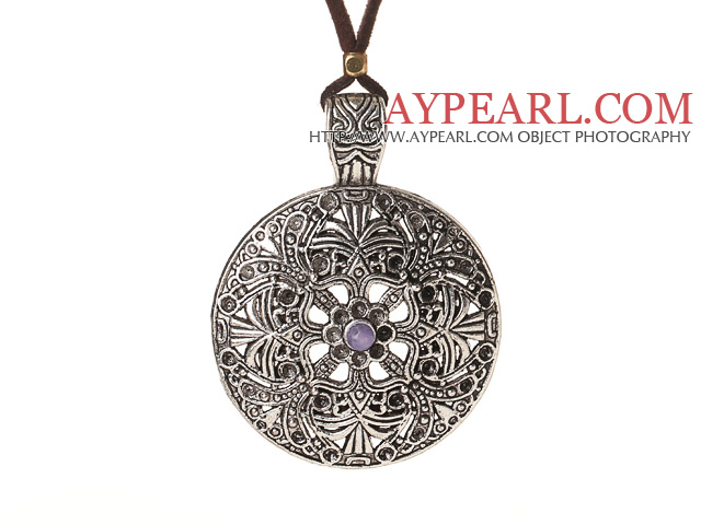 Vintage Long Simple Style Flower Shape Tibet Silver Pendant Necklace with Soft Brown Leather