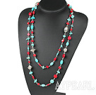 Lovely Long Style Multi Red Coral And Blue Turquoise Strand Necklace