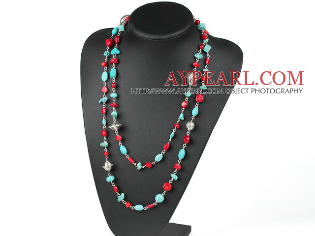 Lovely Long Style Multi Red Coral And Blue Turquoise Strand Necklace