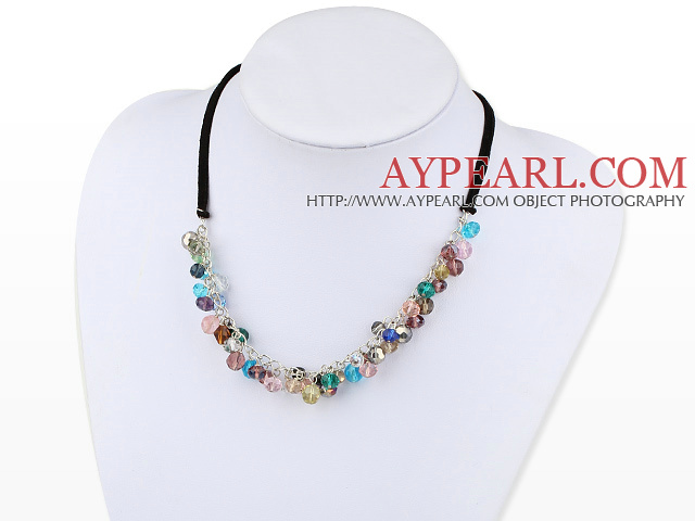 Fashion Loop Chain Multi Color Crystal Strand Neckalce With Black Knotted Threads