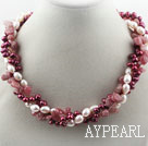 Assorted Multi Strands White and Purple Red Freshwater Pearl and Strawberry Quartz Twisted Necklace