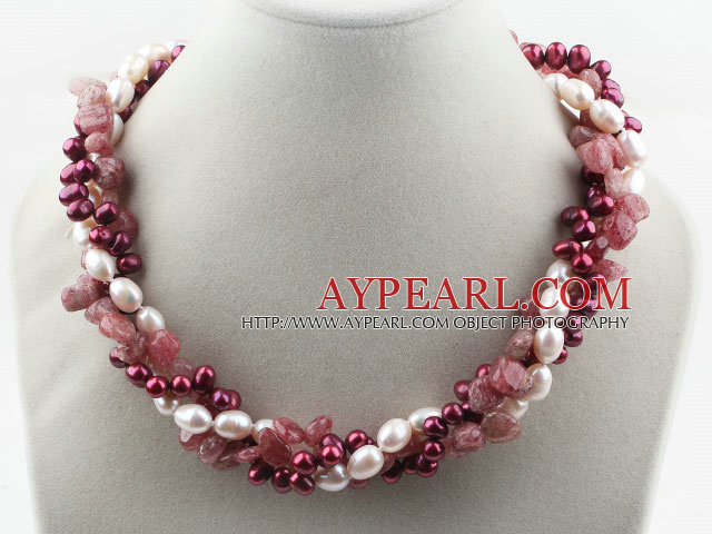 Assorted Multi Strands White and Purple Red Freshwater Pearl and Strawberry Quartz Twisted Necklace