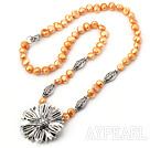 Fashion Golden Freshwater Pearl And Tibet Silver Flower Pendant Necklace 