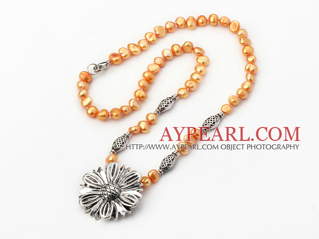 Fashion Golden Freshwater Pearl And Tibet Silver Flower Pendant Necklace 