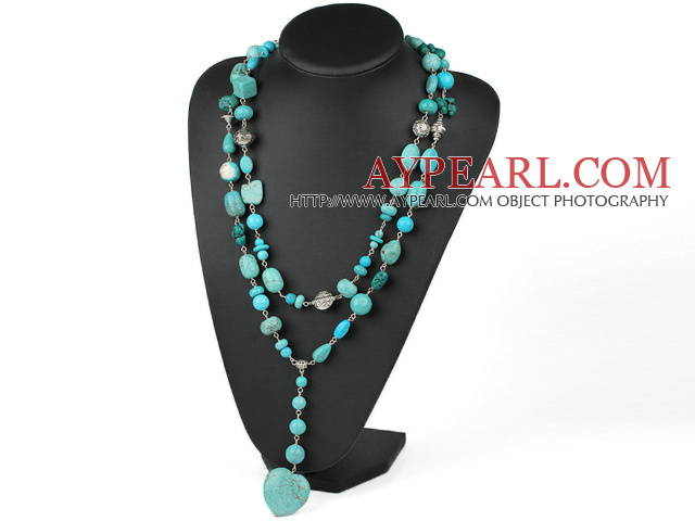 Fashion Long Style Mixed Size And Shape Blue Turquoise Heart Pendant Necklace, Sweater Necklace