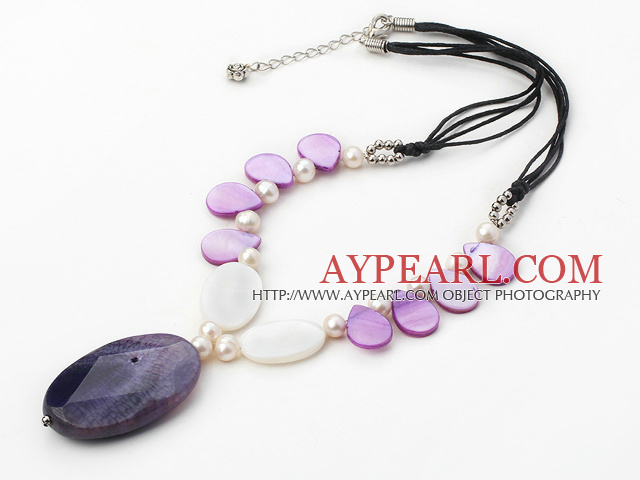 Nice White Freshwater Pearl Purple Drop Shape Shell And Purple Agate Pendant Necklace