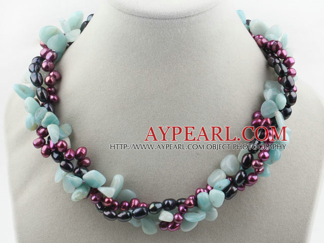 Multi Strands Dyed Freshwater Pearl and Amazon Stone Twisted Necklace