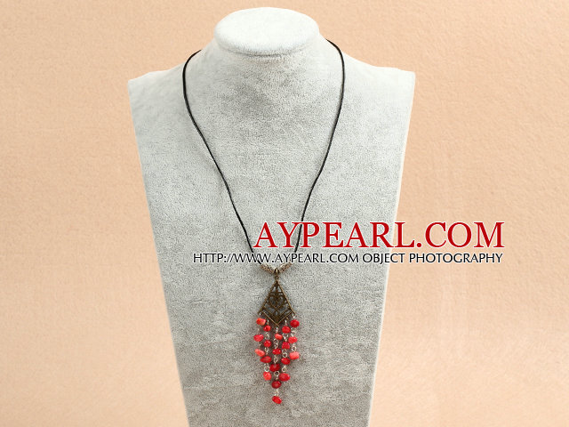 Simple Retro Style Chandelier Shape Red Coral Beads Tassel Pendant Necklace With Black Leather