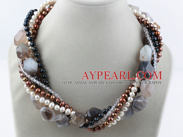 Multi Twisted Strands Mixed Color Pearl Agate And White Crystal Necklace With Moonight Clasp