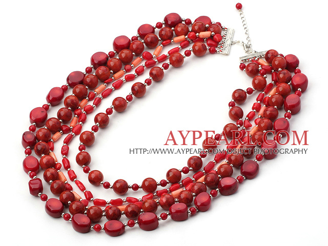 Beautiful Multi 5 Strands Mixed Shape Red And Orange Necklace With Extendable Chain