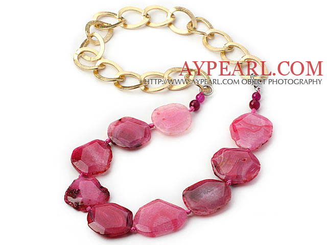 Hot Pink Color Burst Pattern Crystallized Agate Knotted Necklace with Golden Color Metal Chain ( The Chain Can Be Deducted )