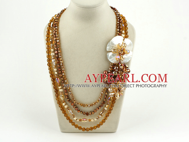 Brown Seires Big Style Multi Strands Brown Pearl Crystal and White Lip Shell Flower Party Necklace