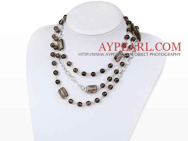 Fashion Long Style Round And Rectangle Smoky Quartz Necklace, Sweater Necklace 