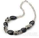 Fashion Cluster Gray Crystal And Oval Shape Black Agate Strand Necklace With Lobster Clasp