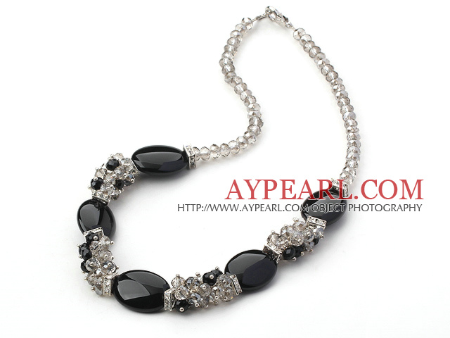Fashion Cluster Gray Crystal And Oval Shape Black Agate Strand Necklace With Lobster Clasp