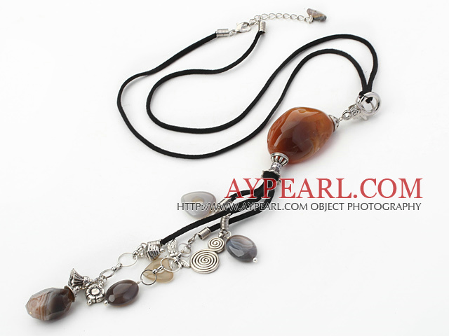 Fashion Simple Style Multi Brazil Agate Pendant Necklace With Black Cords