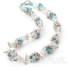 Wholesale Beautiful White Biwa And Grey Freshwater Pearl Blue Crystal Cluster Strand Necklace