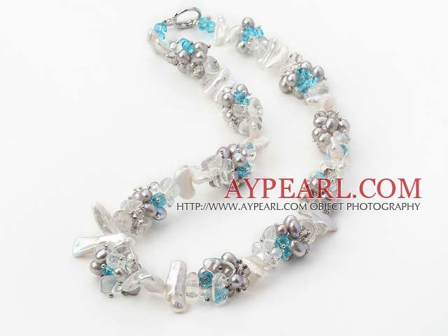 Beautiful White Biwa And Grey Freshwater Pearl Blue Crystal Cluster Strand Necklace