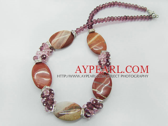 Fashion Cluster Purple Pink Crsyal And Oval Shape Red Agate Beads Necklace