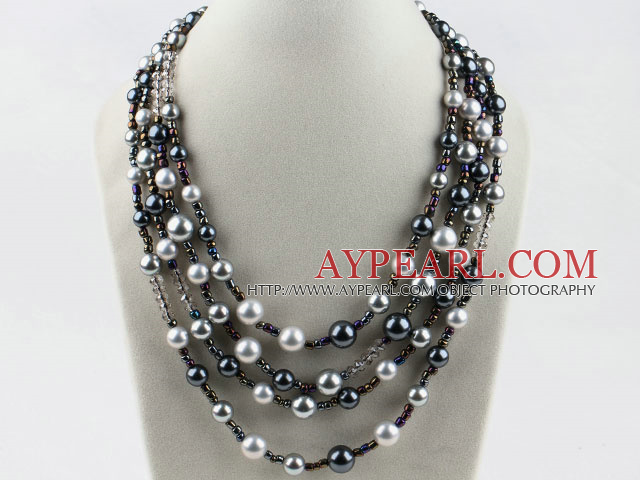 Beautiful 4-Strand Black And Gray Sea Shell Beads Necklace With Magnetic Clasp