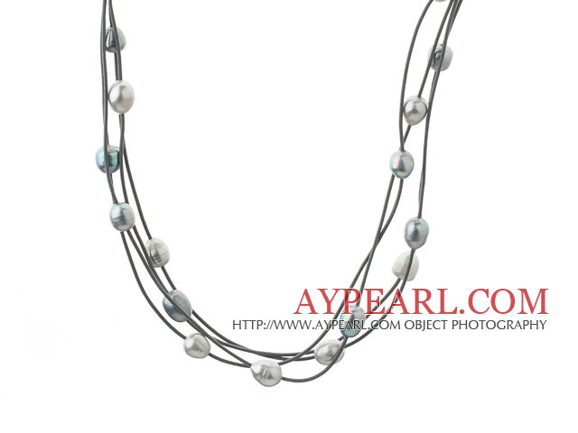 Three Strands 11-12mm Gray and Black Freshwater Pearl and Gray Leather Necklace