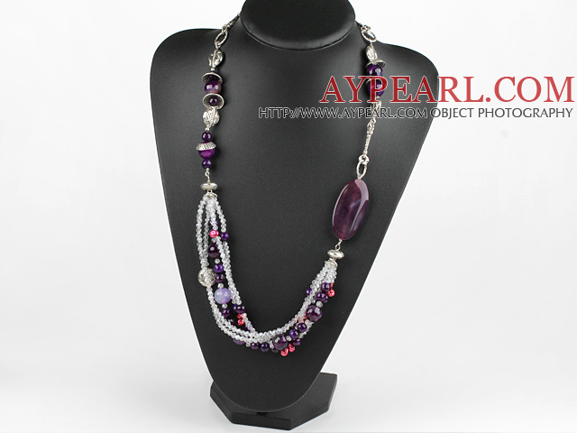 Fashion Layer Style Multi Purple Agate And Crystal Charm Strand Necklace